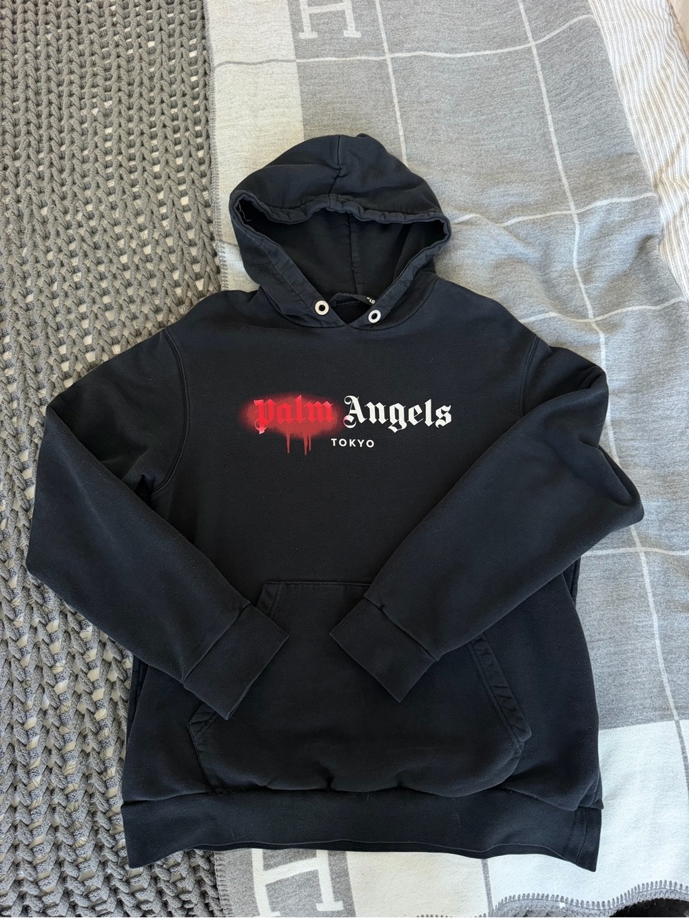 Palm Angels Black Hoodie with Red and White Logo